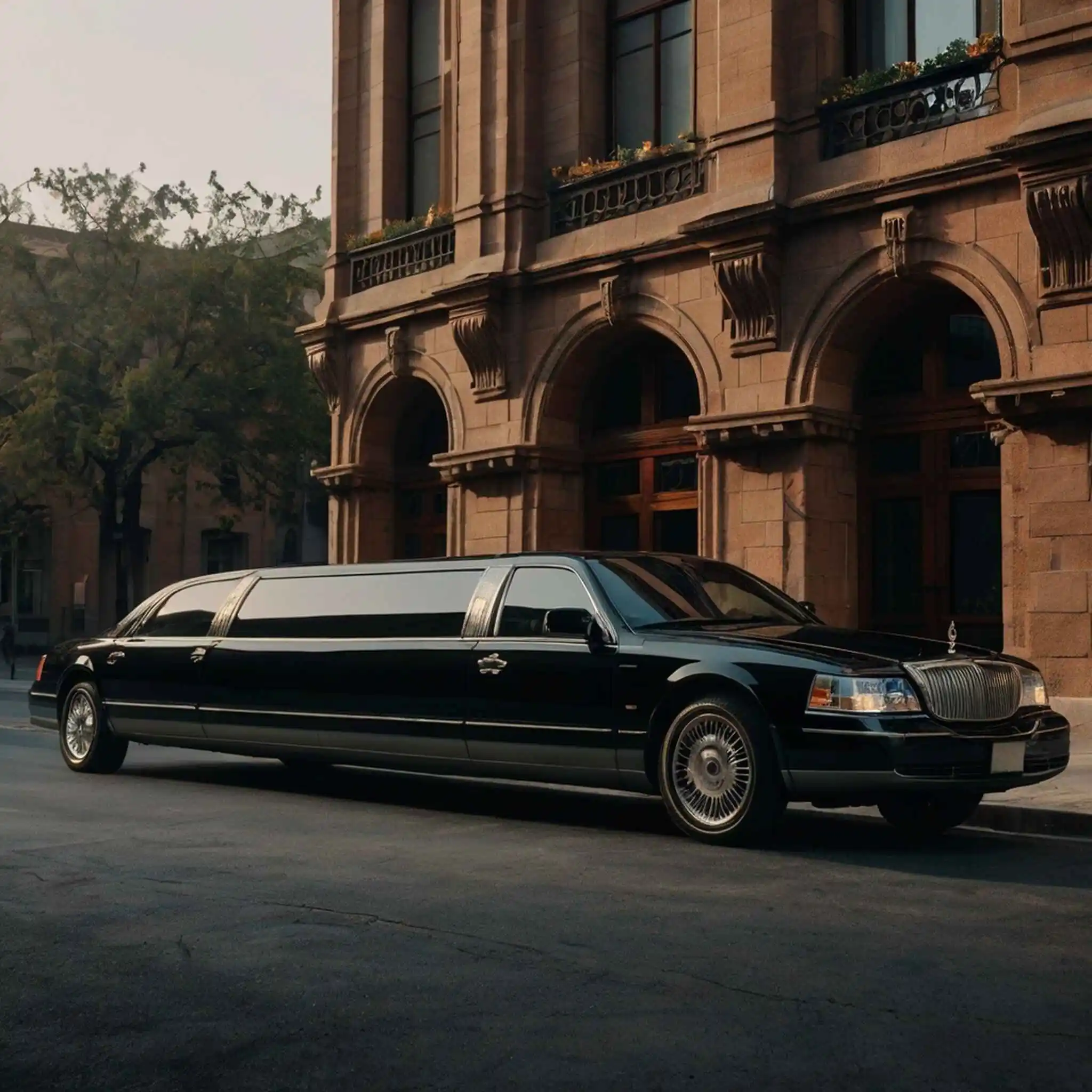 A black stretch limousine outside a stone building entrance